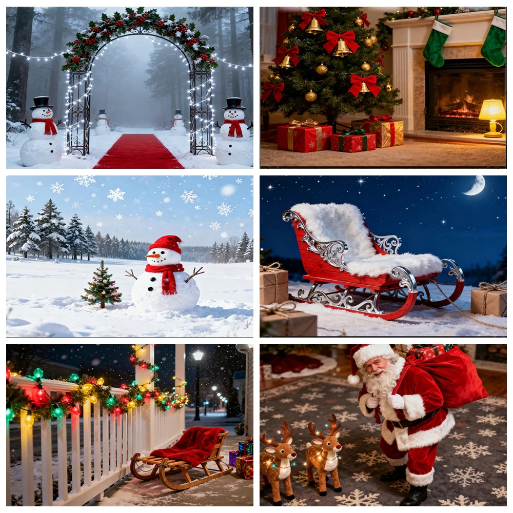 

Christmas Santa Claus Snowy Village Background for Holiday Photo Booth Decor Winter Party Backdrop Christmas Tree Gifts Props