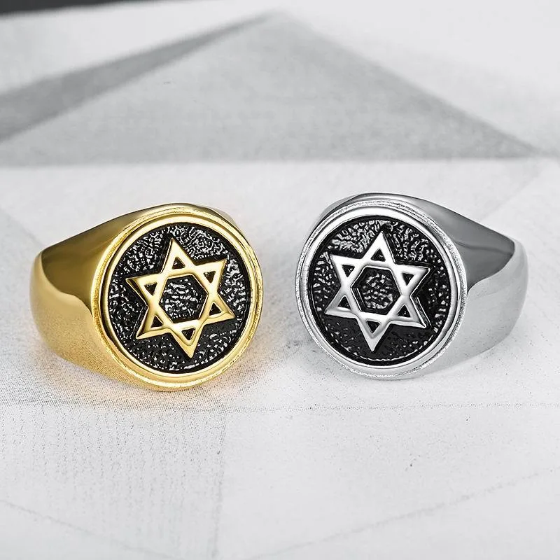 Stainless steel Jewish ring, vacuum plated David's six pointed star men's ring