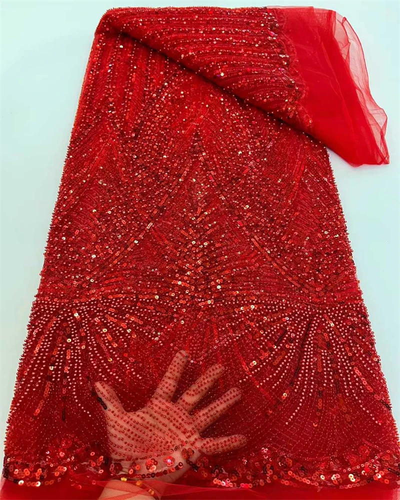 

High Quality African Nigerian Net Lace Fabric With Sequins Handmade Heavy Beaded Lace Cloth Prom Dresses Beads