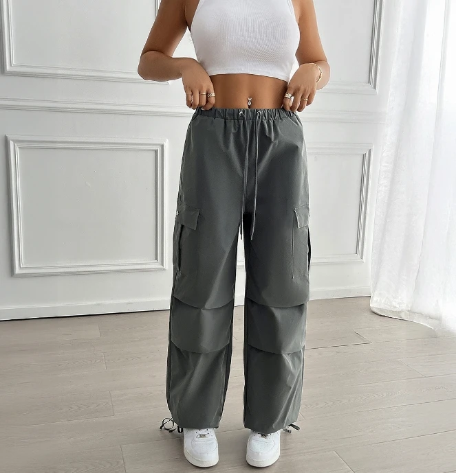 

Women's Trousers Street Trendy Casual Solid Color Drawstring Tied High Waist Pocket Design Loose Straight Leg Cargo Pants