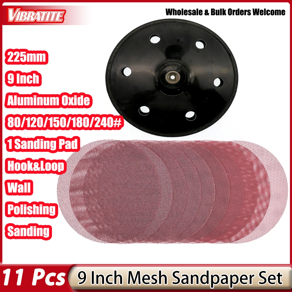 11Pcs 9 Inch 225mm Mesh Hook&Loop Sanding Disc with 6 Hole Backing Pad Sandpaper for Drywall Wall Putty Orbital Sander