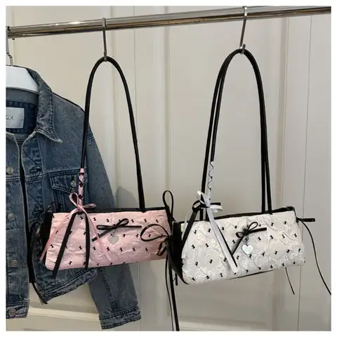 French Korean Bow Decoration Women's Handbag Niche Style Zipper Closure Shoulder Bag PU Material Square Bag Casual Use