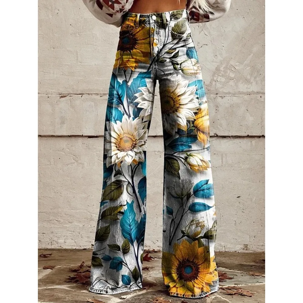 Damen Boho Blumenmuster High-Waist Weite Hose Retro Y2K Western Lässige Loose-Fit Hose mit Taschen Sexy Mädchenhafte Streetwear – Detail 12