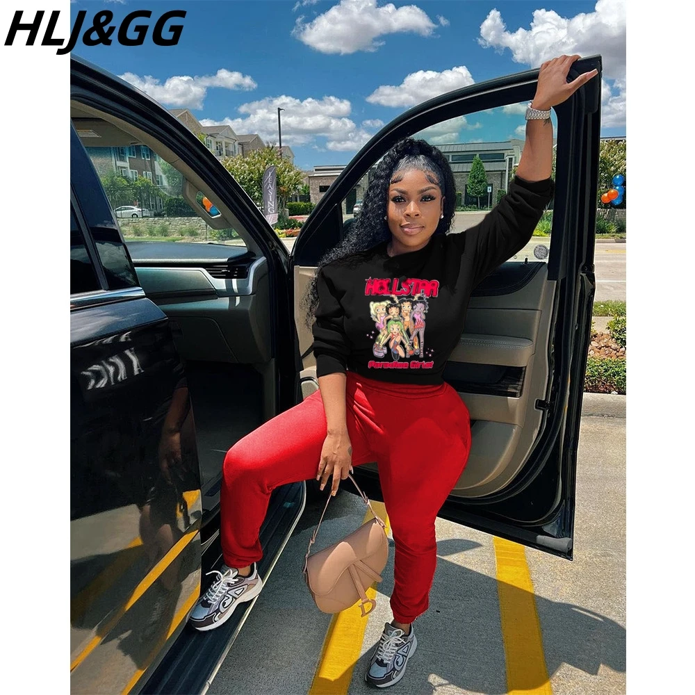 HLJ&GG Autumn Winter Letter Printing Tracksuits Women Round Neck Long Sleeve Pullover + Jogger Pants Two Piece Sets Outfits 2023