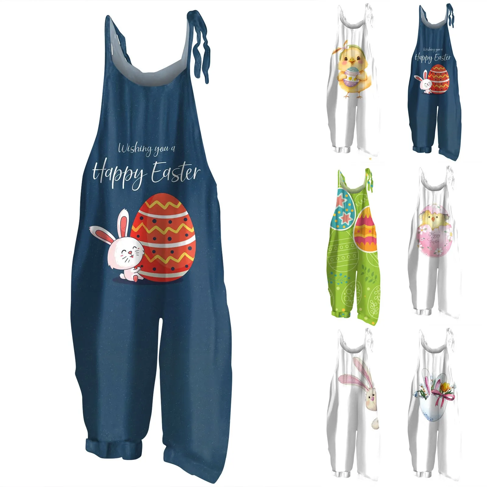 Women'S Summer Jumpsuits Trend Easter Printed Loose Jumpsuits Casual Fashion Street Retro Cotton Linen Suspender Jumpsuits