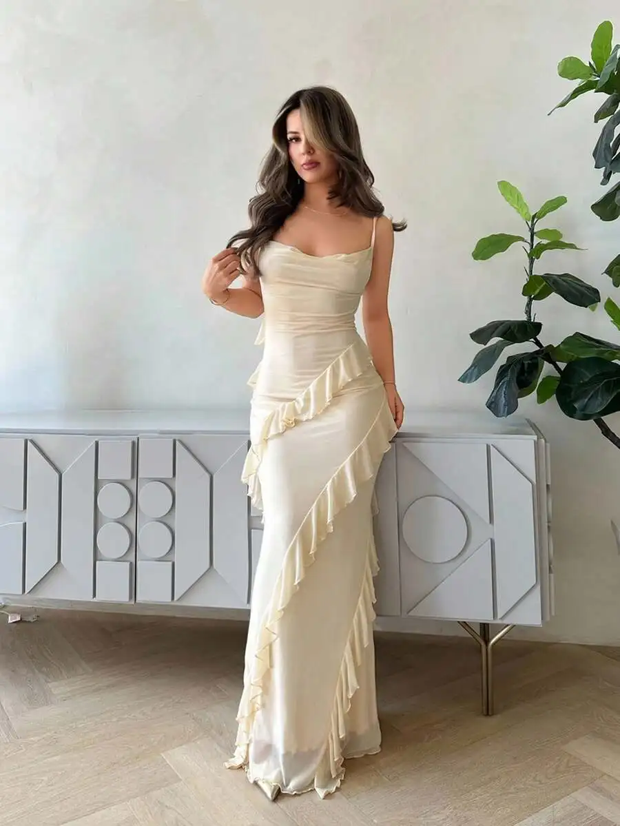 

Cream Ruffle Draped Neck Bodycon Maxi Dress for Women Spring Summer
