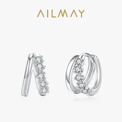 Ailmay 925 Sterling Silver Luxury Geometry Crystal Double Rings Ear Hoop Earrings For Women Wedding Engagement Fine Jewelry Gift