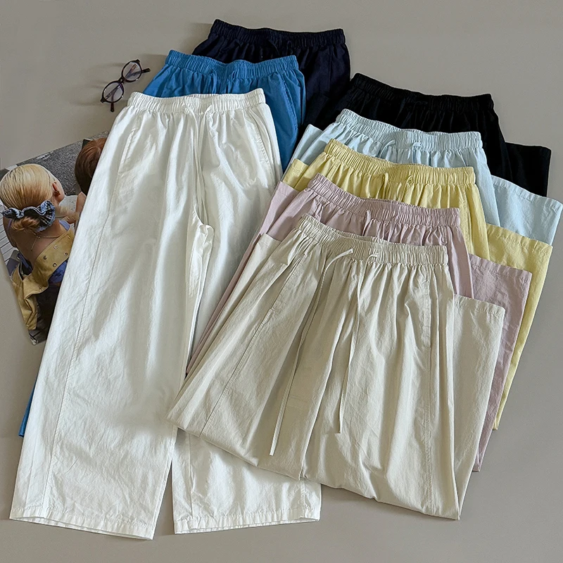 

Solid Color Simple Wide Leg Casual Pants Women Summer Drawstring Elastic Waist Loose Pants Korean Style Trousers
