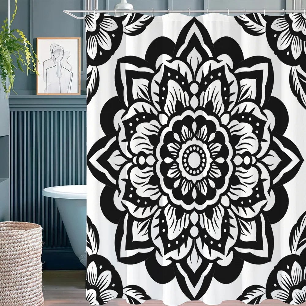 Black White Line Mandala Pattern Shower Curtain, Minimalist Premium Home Decor Shower Curtain, with 12 Hooks, Multi-purpose for