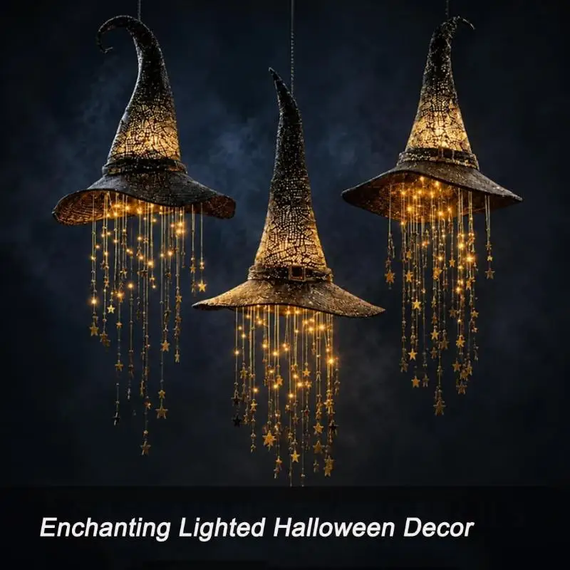 Beleuchteter Hexenhut mit Hängeklang, Halloween-Außendekoration, leuchtende Mesh-Kaskadensterne, schwarzer Rahmen, Partydekoration – Detail 2