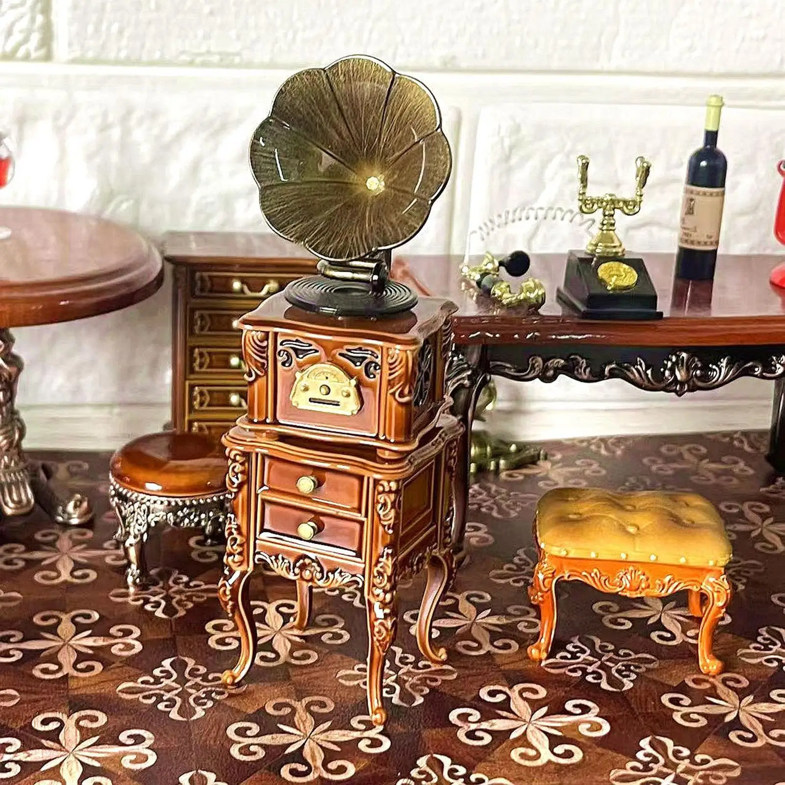 Dollhouse Miniature Retro Gramophone With Music Mini Phonograph Record Simulation Gramophone Handicrafts Home Model Toys Decor