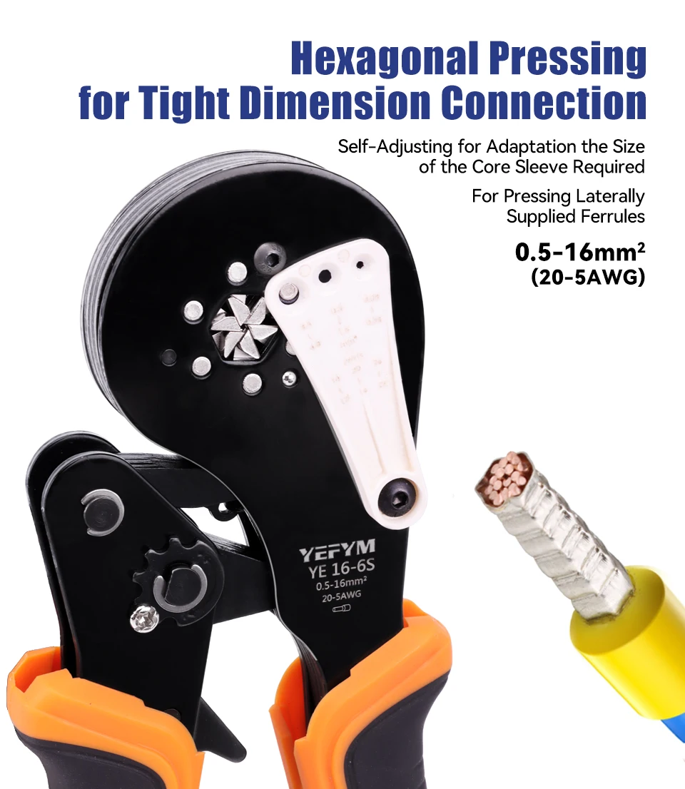 Aderendhülsen-Crimpzange YE 16-6S 0,5-16mm²/20-5AWG, Mini-Zange für Rohraderendhülsen, Praktisches Crimpwerkzeug mit Kabelschuhhalter – Detail 2