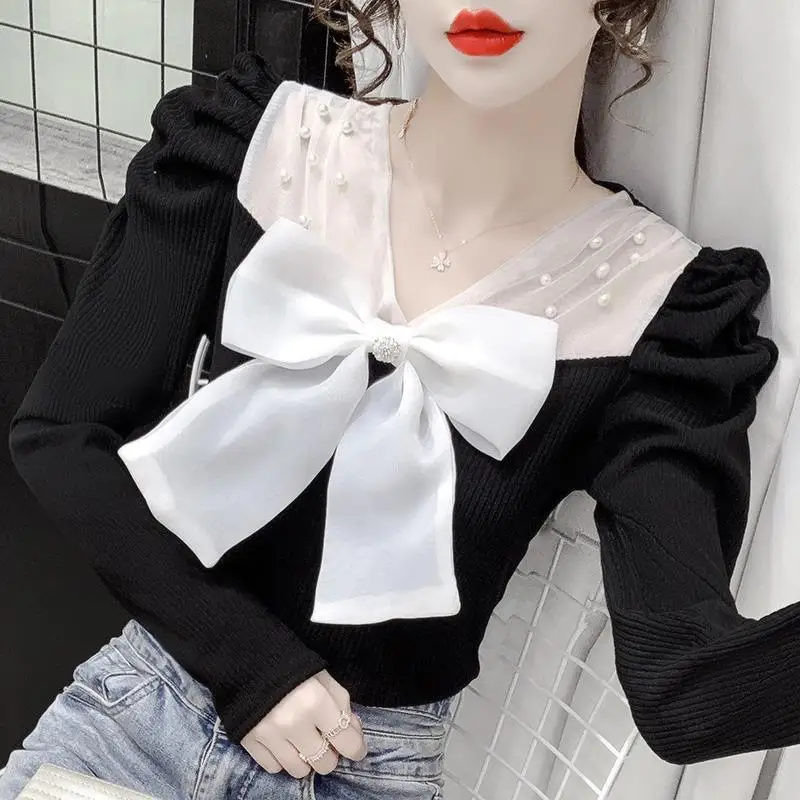 Elegant Puff Sleeve Spliced Gauze Bow Sweater Women\'s Clothing 2022 Autumn New Loose Casual Pullovers All-match Sweet Tops