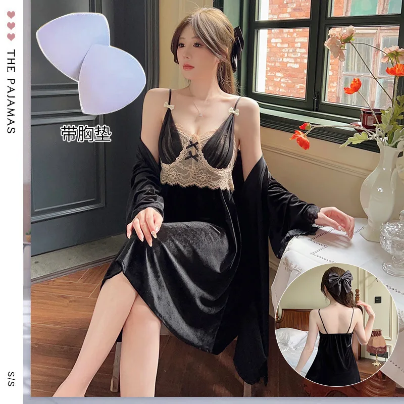 

Spring Velour Lace Bathrobe Gown Set Nightgown Loungewear 2pcs Velvet Robe Set Winter Sleepwear Women Kimono Nightdress