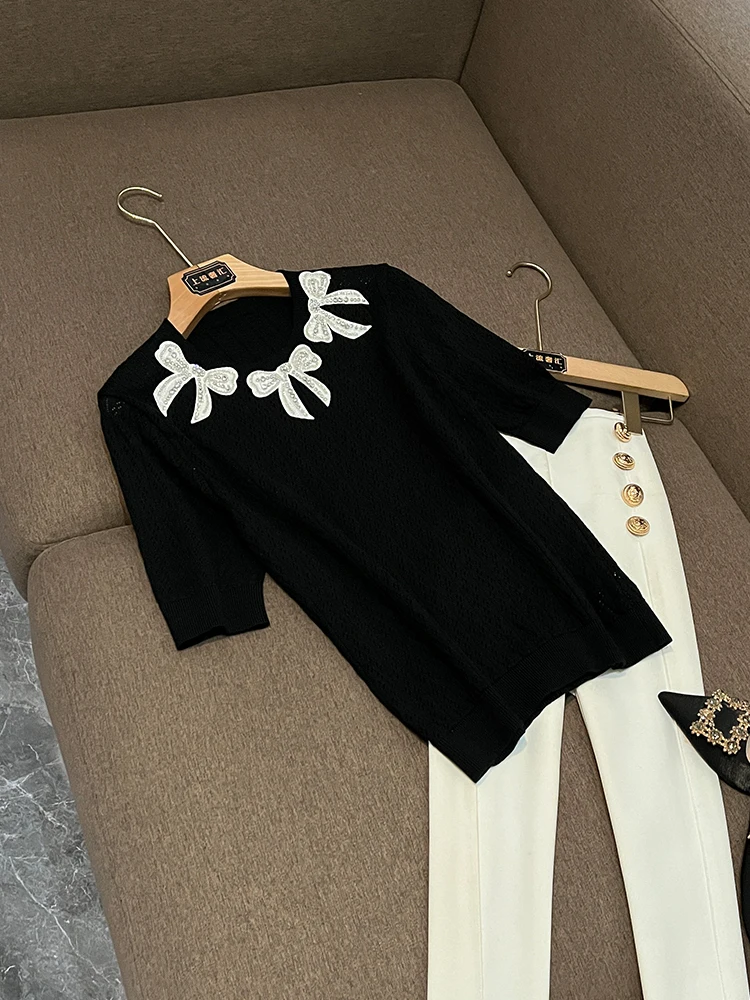 

Ele Embroidered Knot Diamond Studded round Ne ort Sve Knitted Top Winter New Arrival Women's Faion
