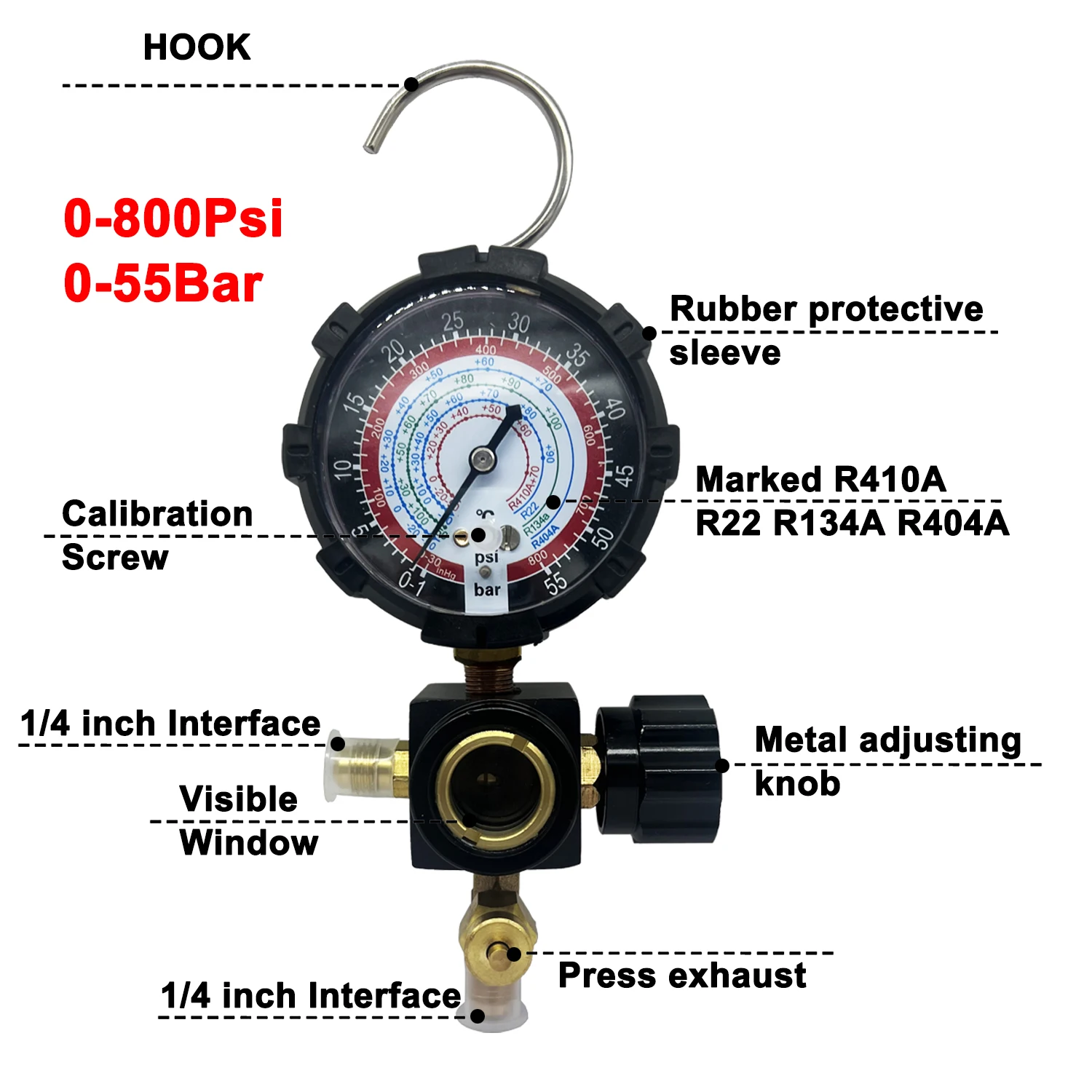 Manometro del collettore del refrigerante del condizionatore d'aria con vetro spia R22/R410A/R134A/R404A il manometro può alleviare la pressione