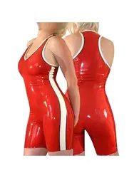 100% Latex Rubber Red Catsuit Sleeveless Bodysuit Cosplay Jumpsuit Zentai White Stripes 0.4MM