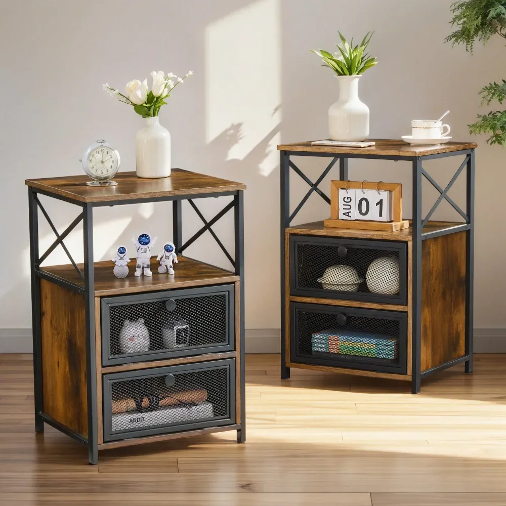 

Set Of 2 Modern Nightstand With Magic Flip Drawers, MDF Wood Bedside Table With Black Metal Mesh Cabinet