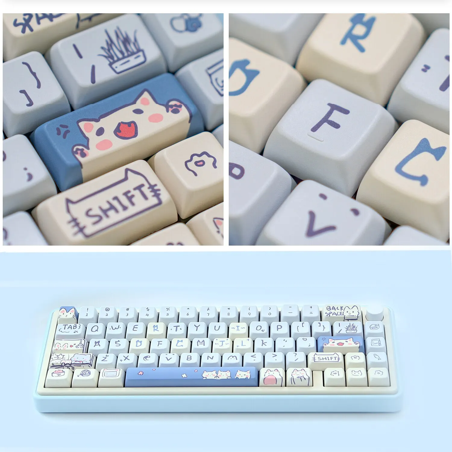 ZUOYA 147 Keys MDA Keycaps Blue Meow Meow Theme PBT Single-sided Heat Sublimation For MX Switch Fit 61/68/87/96/104/108 Keyboary