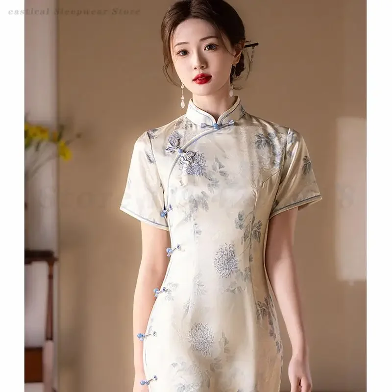 

Retro Long Slit Qipao Summer Short Sleeved Traditional Cheongsam New Chinese Style Dress Plus Size 3XL Gown Printed Vestidos