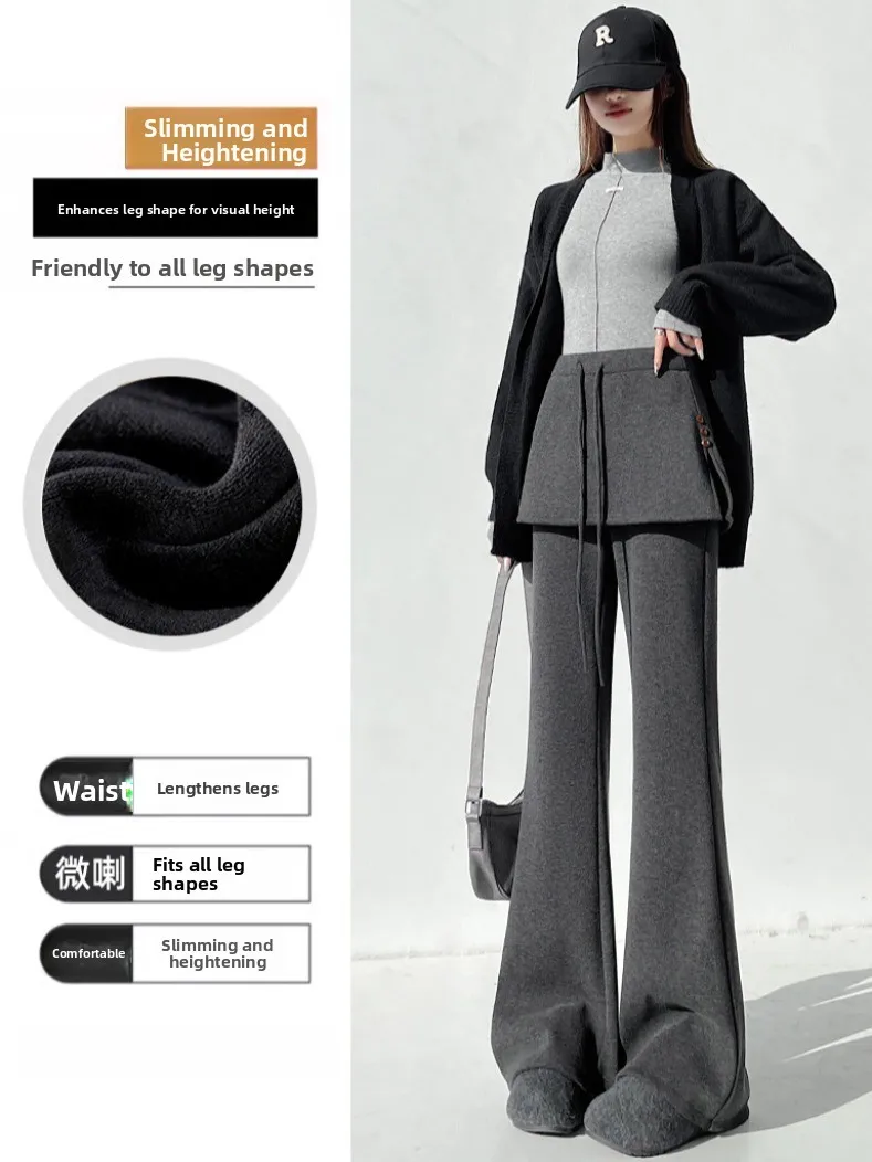 Khaki Fce Lined Wide Leg Pants Women Winter Thiened Camere Sports Pants High Waist Elastic Waisand Casual Trousers