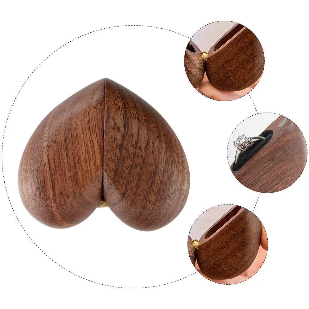 

1pc Solid Wood Ring Box Brown Heart-Shaped Smooth Finish No Burrs Durable Finger Ring Storage Case For Wedding Proposal