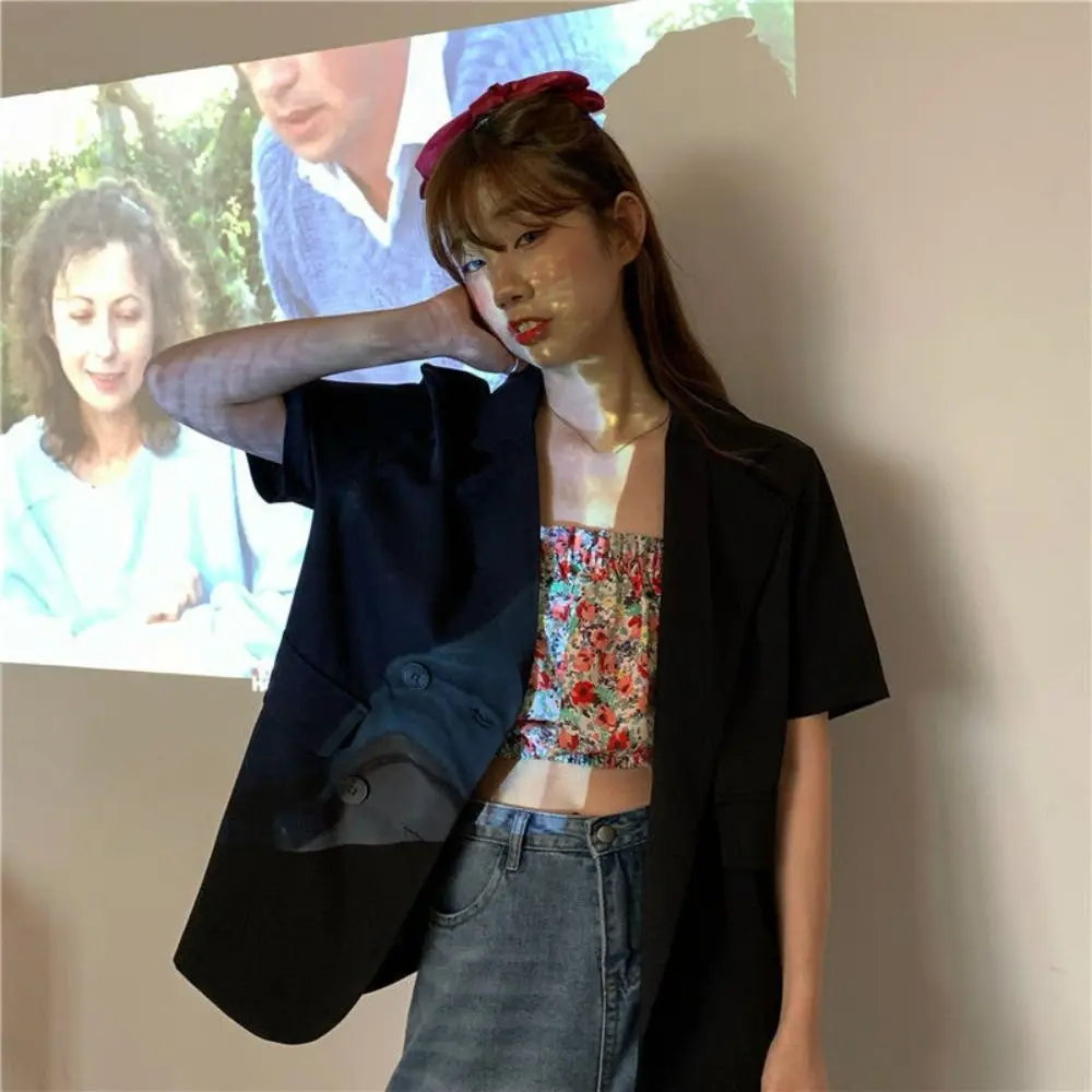 

V-neck Short Sleeve Suit Flip Collar Simple Thin Business Style Suit Coat Large Size Candy Color Women's Suit Top Streetwear