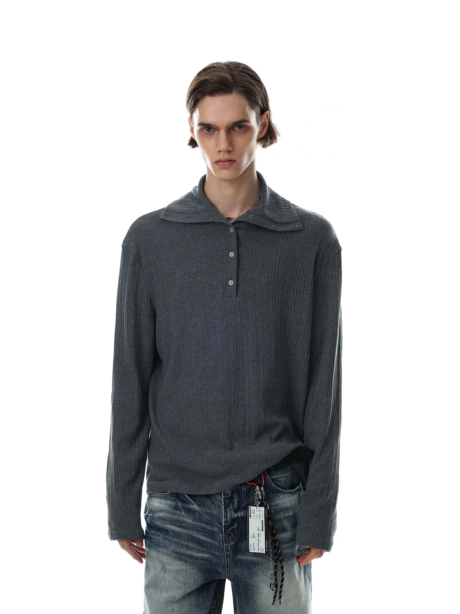 American Retro  Collar Long Sleeve T-Shirt Men's Minimalist Style Button Knitted Top Fashionable Brand Loose Fit Casual Wear