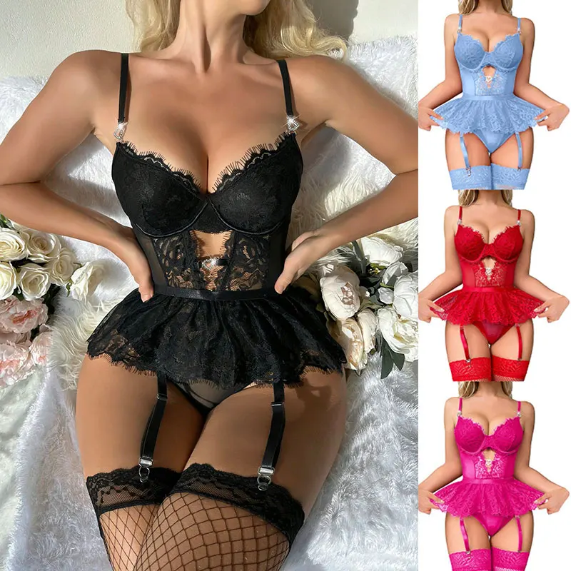 Hot Erotic Lingerie Sets See-Through Lace Underwear Sissy Bra Transparent Bilizna Sexy Costumes Garter Porn Sex Outfit