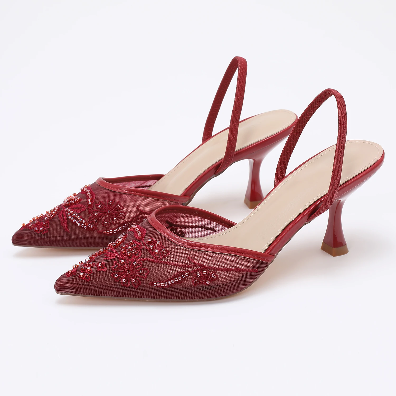 Elegant Lace Beaded Mesh Slingback 8cm Heels for Women Pointed Toe Mules Formal Wedding Bridal Cocktail Party view 5