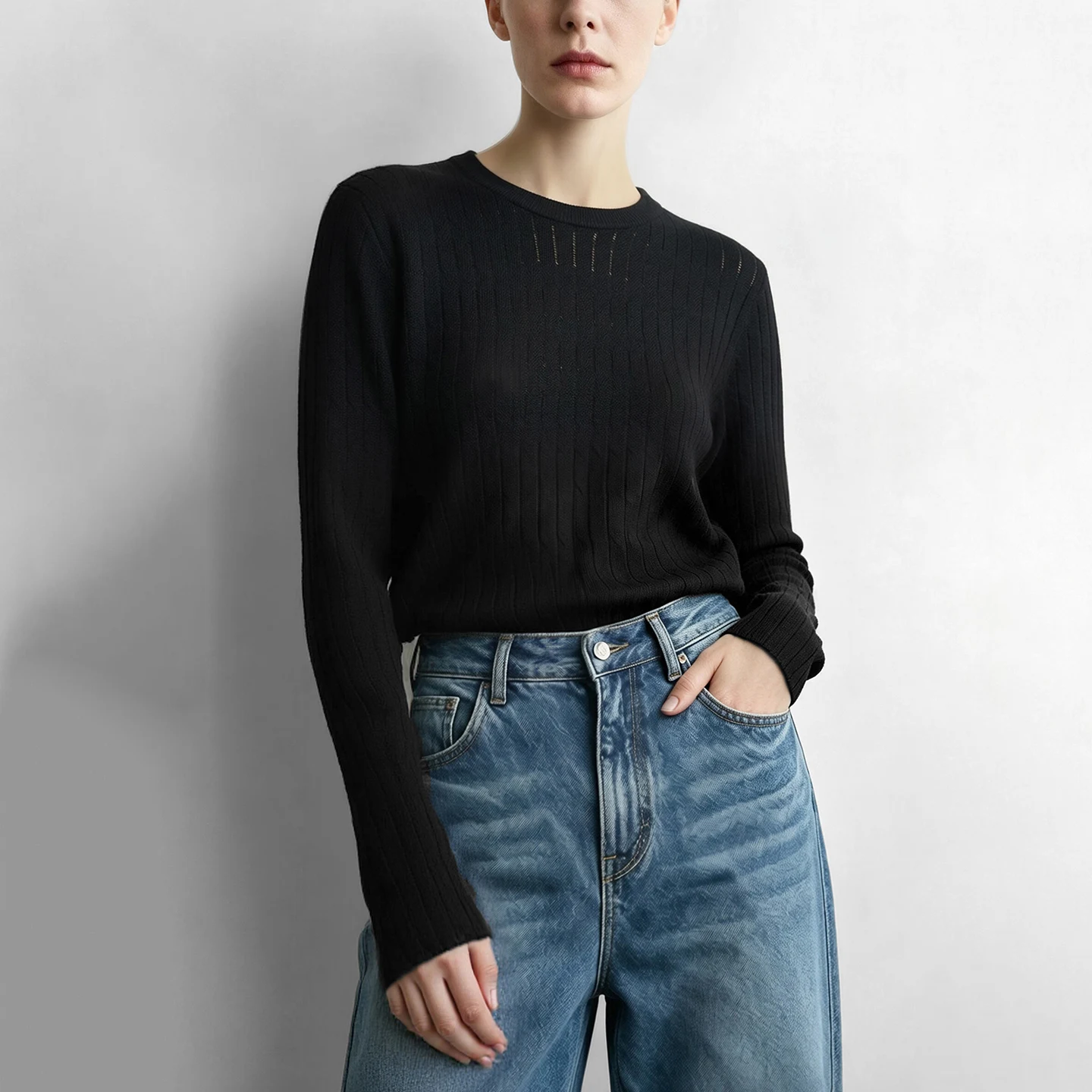 Amii Women's Sweater Crew Neck Hollow Out Knit Tops Minimalist Versatile Slimming Casual Sweaters for Women 2026 Autumn 12643110