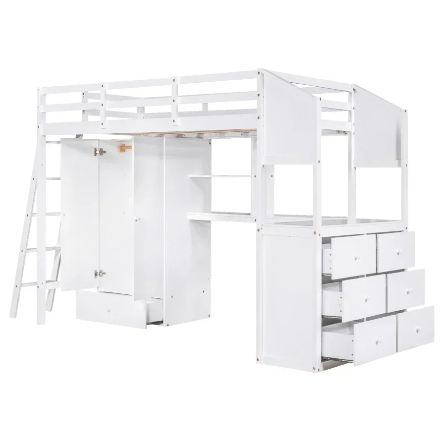 Desk Loft Bed Wardrobe Drawers Attached Shelves Versatile Twin Durable