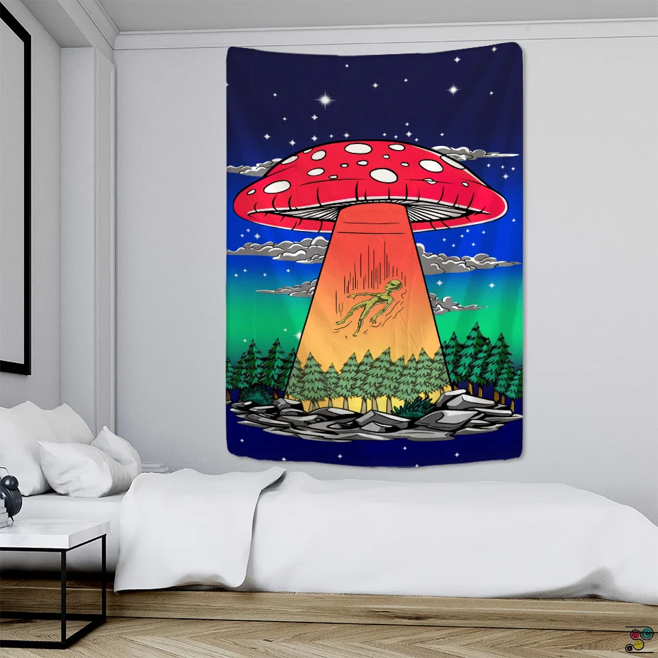 Psychedelic Mushroom Alien Tarot Tapestry UFO Wall Mounted Hippie Hanging Bohemian Wall Tapestry Mandala Wall Art Decor