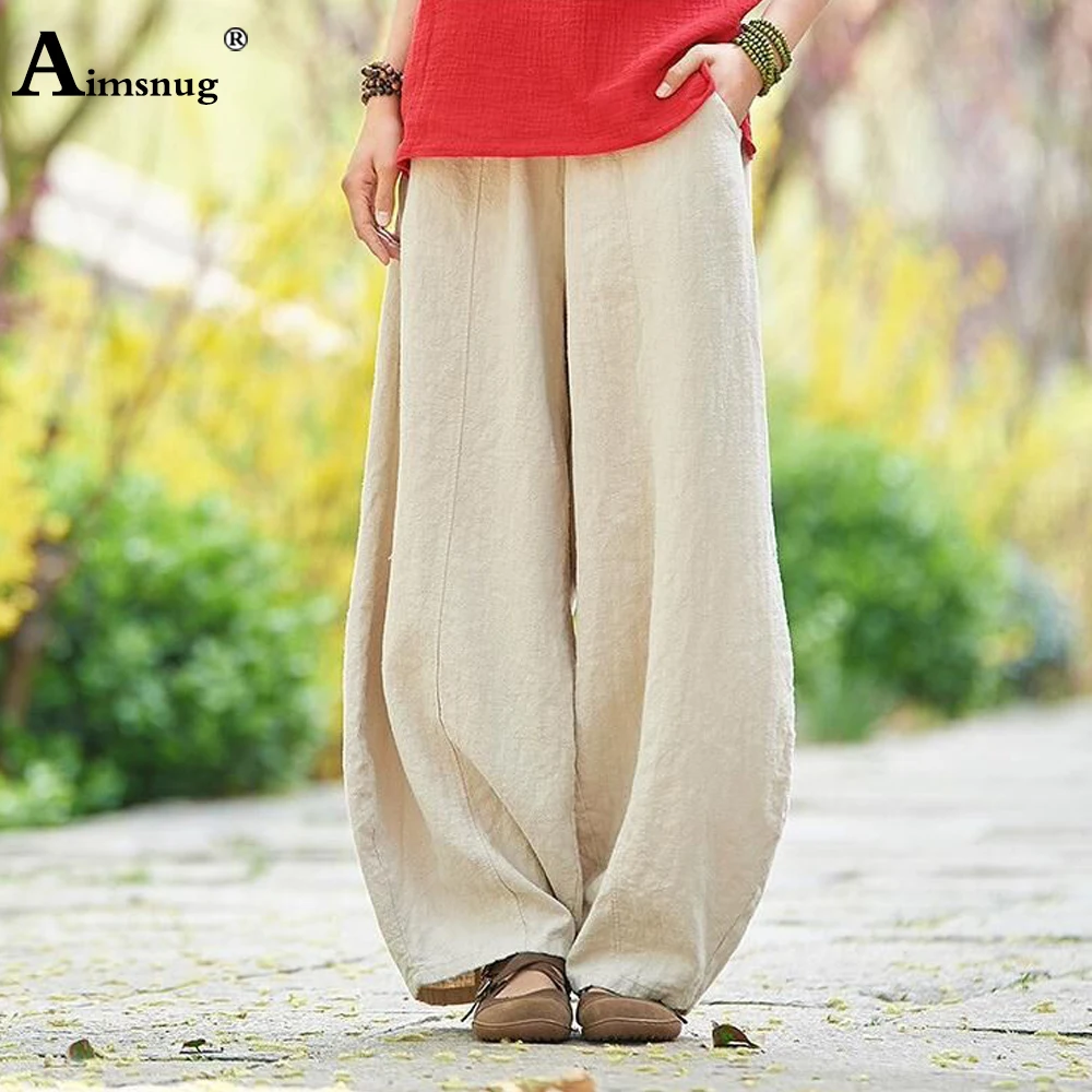 Cotton Linen Bloomers Wide Leg Pants  Large Big 5XLWomen Vintage Full Length Fashion Elegent Pants Solid Elasitic Waist Trousers
