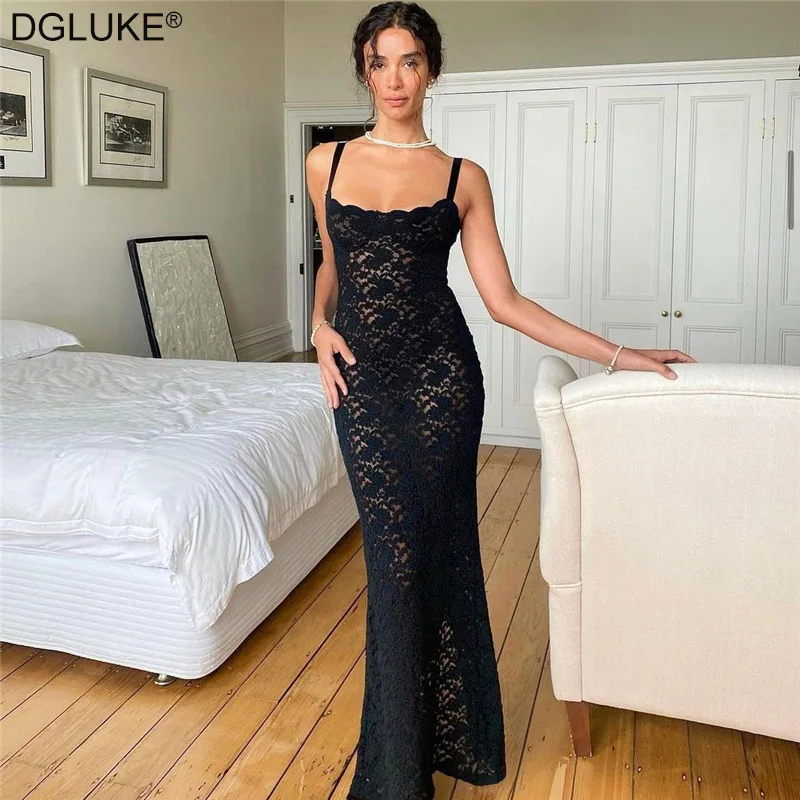 

DGLUKE Elegant Black Lace Dress Women Spaghetti Strap Backless Bodycon Maxi Dress Summer Sexy Transparent Slip Long Dress