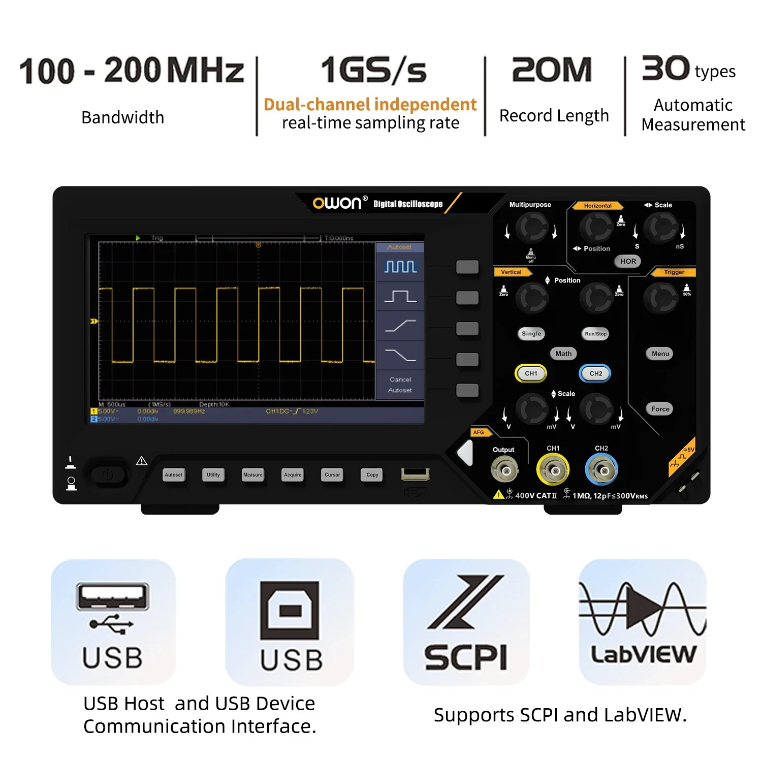 Owon Digital Oscilloscope SDS220 200Mhz 2CH 1GS/s 20M FFT+ SDS220S 25MHz 14Bit 125MSa/s Signal Generator Usb Oscilloscope