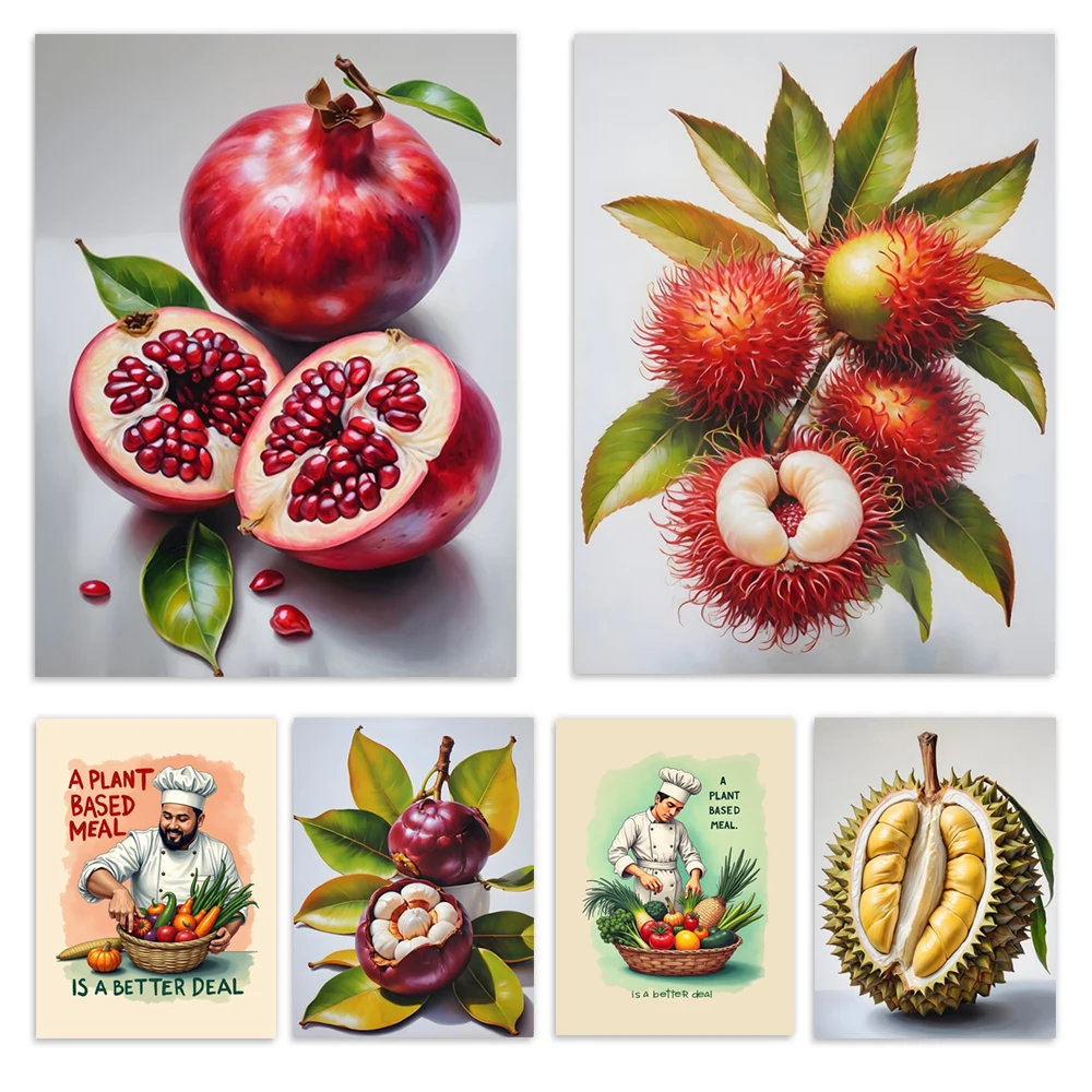 Still life manzana, rambután, árbol kumquat, frambuesa, durian, fresa, frutos de granada, cartel dietético vegano a base de plantas