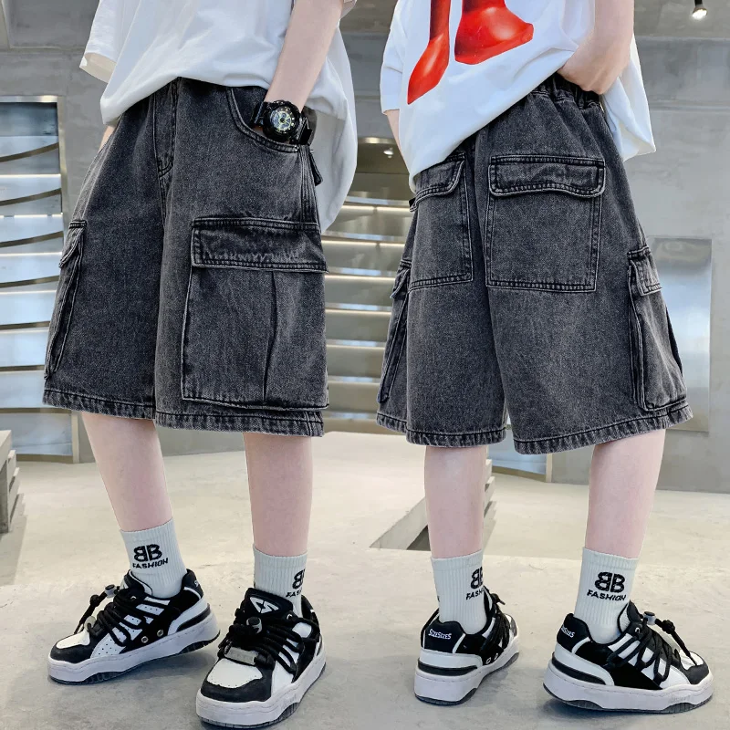 

Loose Style Child Casual Black Denim Cargo Shorts With Big Pocket for Boys Elegant Summer Solid Short Baggy Jeans For Kids Teens