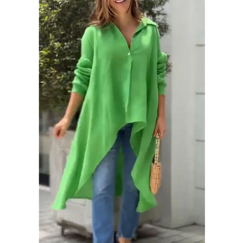 

Loose large size medium and long irregular long-sleeved shirt shirt fashionable simple and versatile temperament elegant vacatio