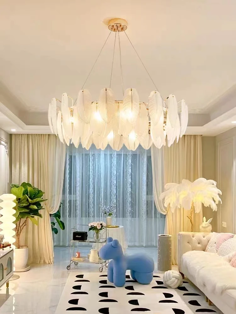 Modern Luxury Pendant Lights Feather Glass Gold E14 Metal for Living Room Bedroom Villa Chandelier Home Decor Lighting Fixture