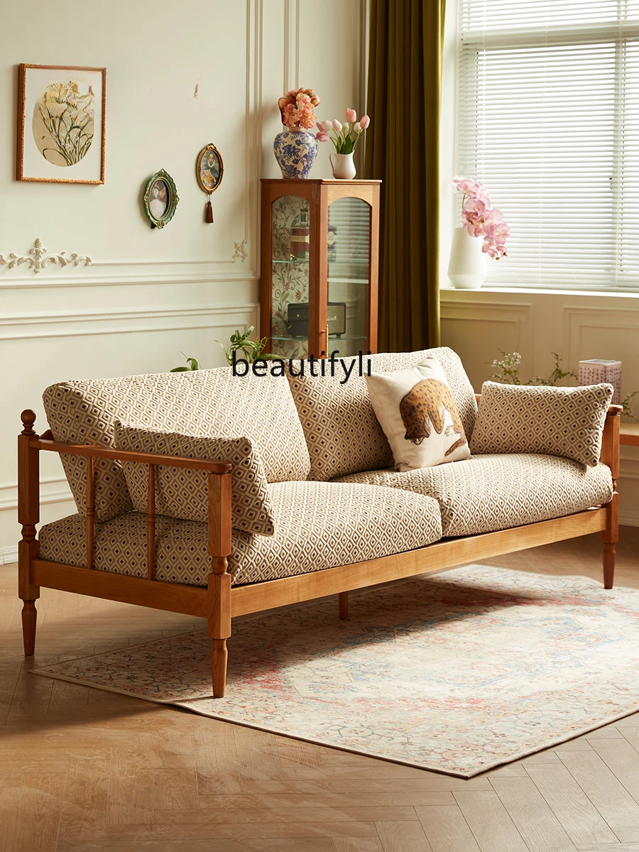 Solid Wood Cloth Craft Sofa Retro down British Lattice Living Room French Small Apartment Faux Leather Removable and Washable