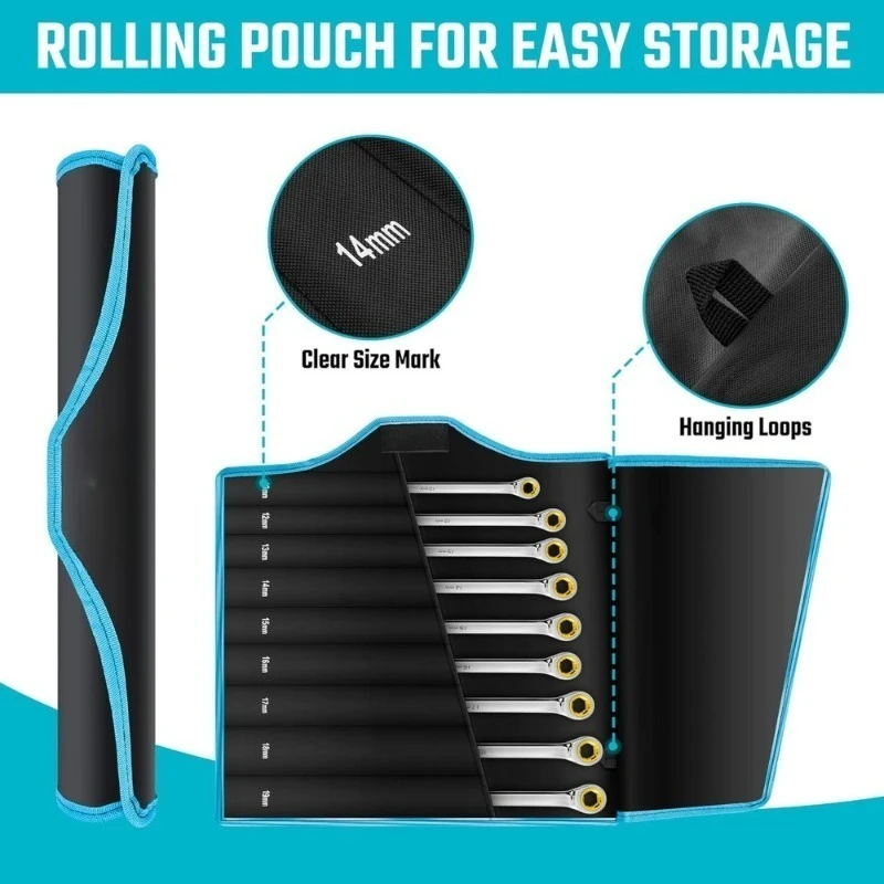 

Extra Long Anti Slip Ratcheting Double Box End Wrench Set 9 Piece Metric 10 19mm CRV Steel Rolling Pouch
