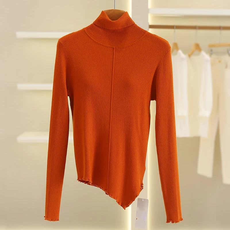 

High Collar Pure Color Knitted Base irt Asymmetrical Design Women's Faion Autumn Sweater Comfortable Fit Long Sve Top