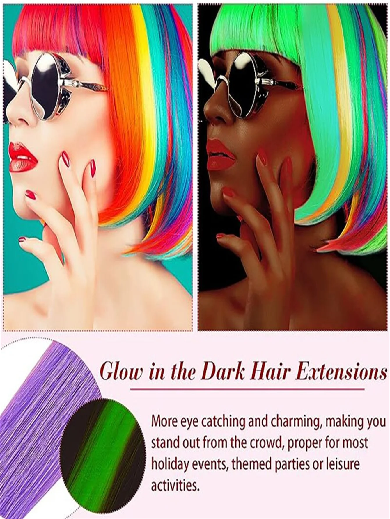10pcs Luminous Clip In Synthetic Hair Extensions 20 Inch Mixed Colored Fluorescent Glow In The Dark Neon Hairpieces image 5