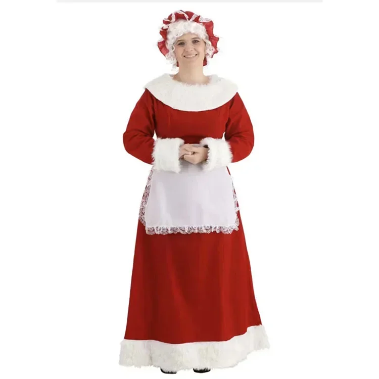 Red Adult Christmas Santa Cosplay Cotumes Set for Women Girl Xams Party Fancy Clothing Santa Maid Dress with Apron Cos