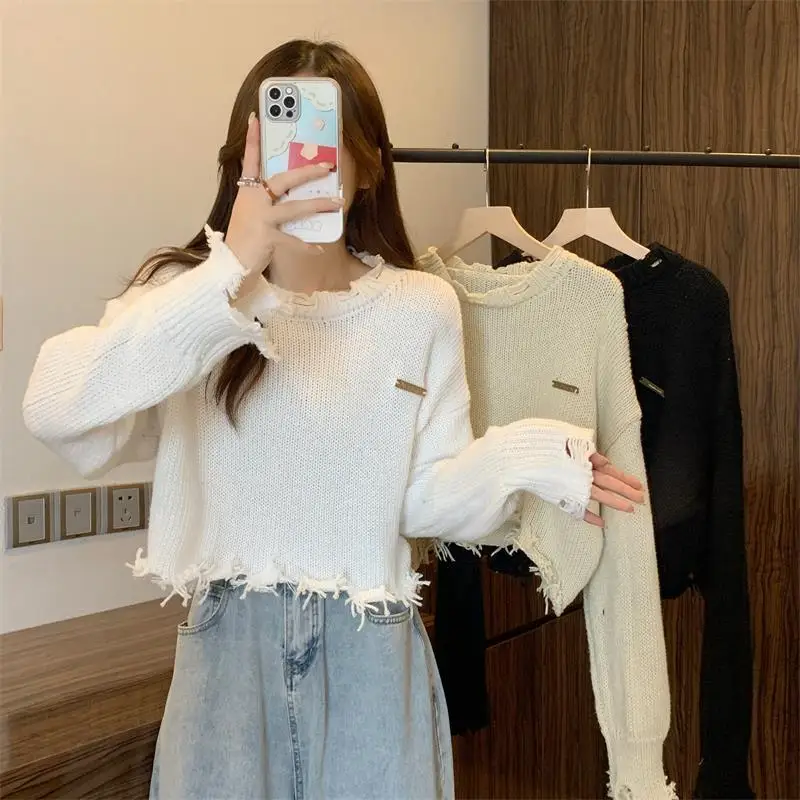 

Streetwear Women Hole Cropped Sweater Korean Loose Y2k Knitted Pullovers Female Fashion Long Sleeve Casual O-Neck Tops