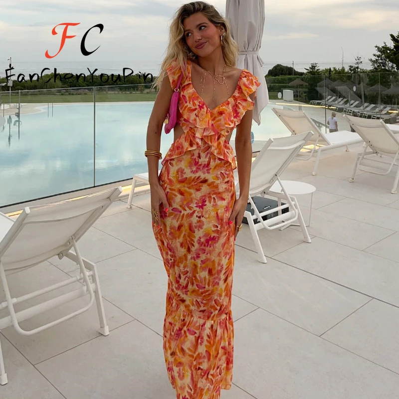 Robe mi-longue dos nu sexy à col en V pour femmes, robe d'été élégante, évider floral, lacets, volants, vacances Boho, nouveau