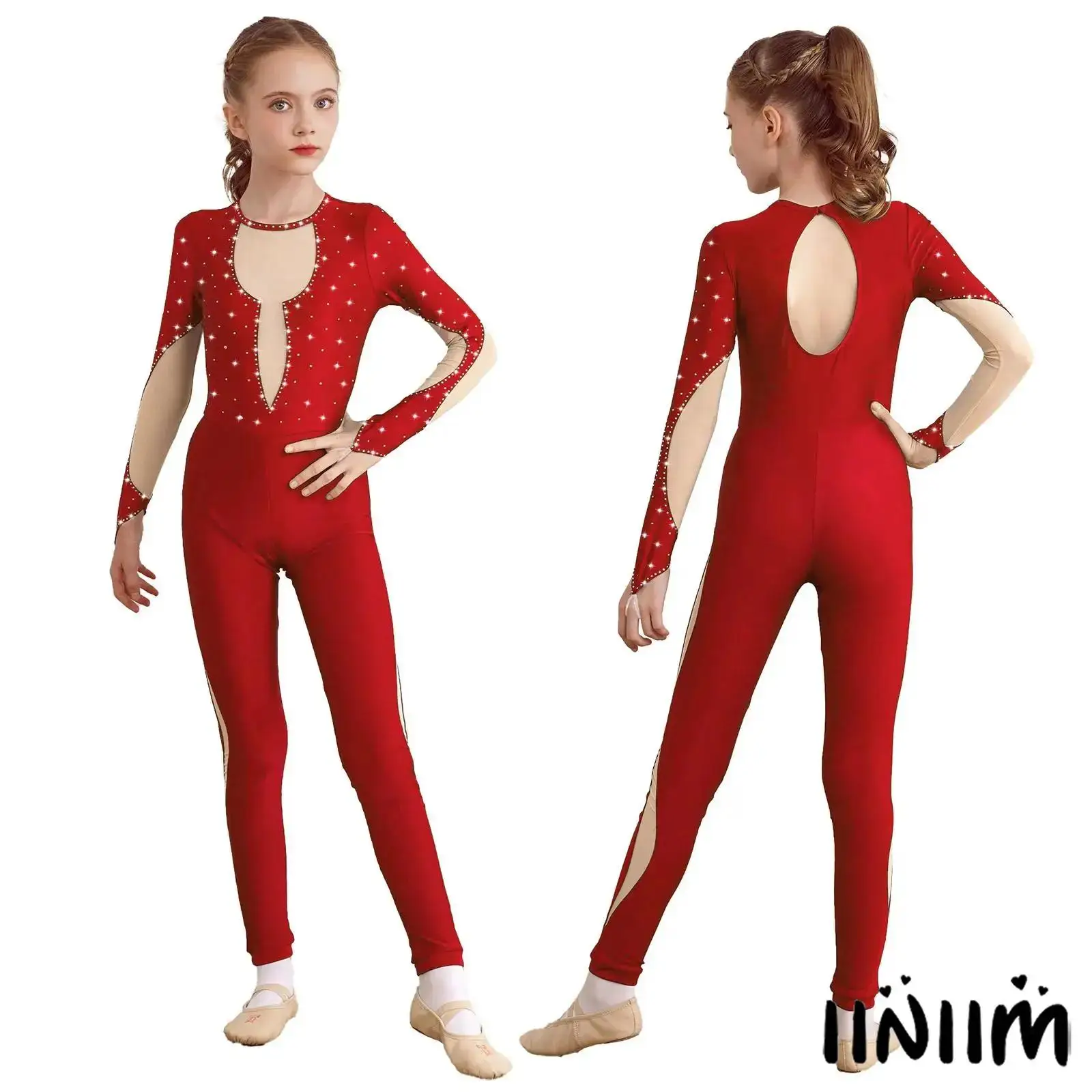 

Figure Ice Skating Kids Girls Bodysuit Mesh Patchwork Shiny Rhinestone Stage Performance Gymnastics Training Jumpsuit Costume