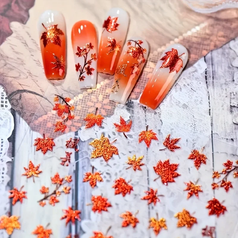 Herbst- und Winter-Nagelaufkleber mit Goldfolien-Ahornblättern - Geprägte, glänzende rote Ahornblätter-Nageldekoration, geeignet für Feiertagspartys. – Detail 1