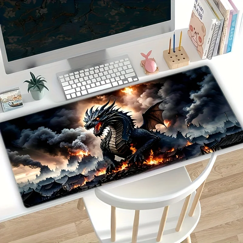 Fantasy Black Dragon Large Desk Mat, Anti-slip Rubber Mousepad for E-sport Gaming Room PC Keyboard Workstation Desktop Decor